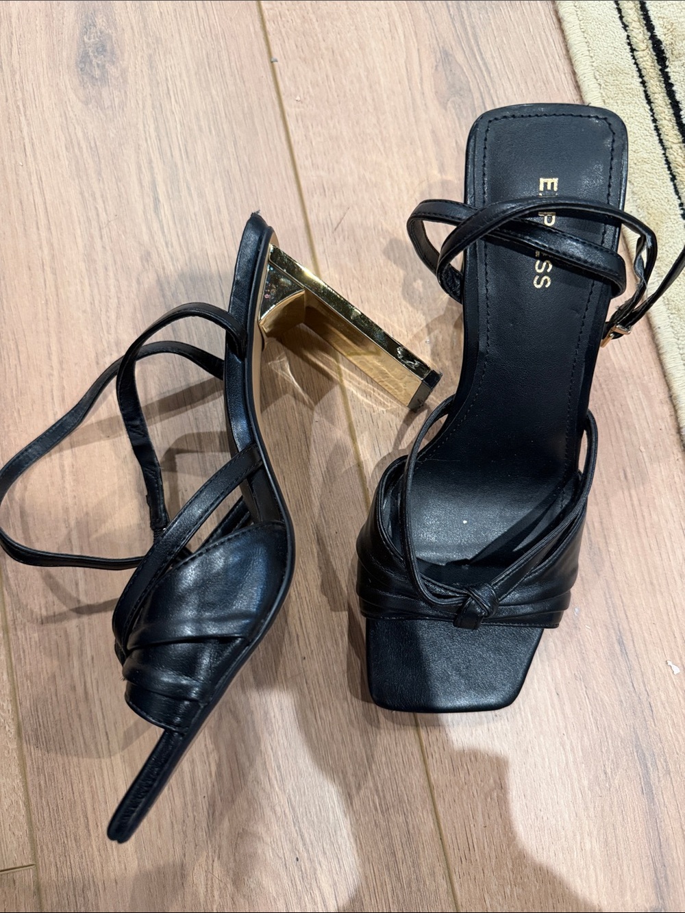 Express Black Strappy High Heel Sandals with Gold Accent
